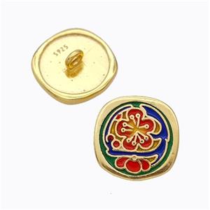 925 Sterling Silver Button Beads Flower Enamel Gold Plated, approx 10mm