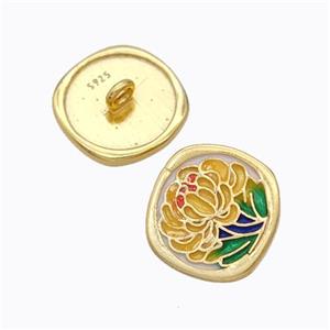 925 Sterling Silver Button Beads Flower Enamel Gold Plated, approx 10mm