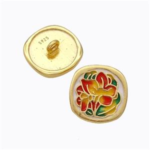 925 Sterling Silver Button Beads Flower Enamel Gold Plated, approx 10mm