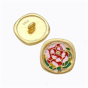 925 Sterling Silver Button Beads Flower Enamel Gold Plated, approx 10mm