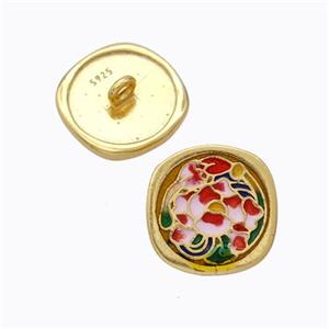 925 Sterling Silver Button Beads Flower Enamel Gold Plated, approx 10mm