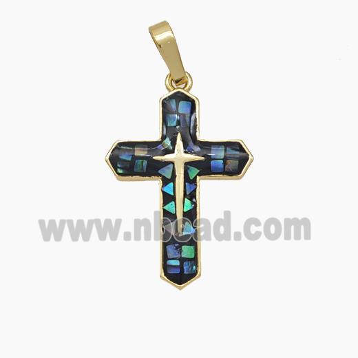 Copper Cross Pendant Pave Abalone Shell 18K Gold Plated