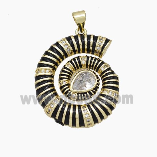 Nautilus Charms Copper Conch Shell Pendant Pave Zirconia Black Enamel Gold Plated