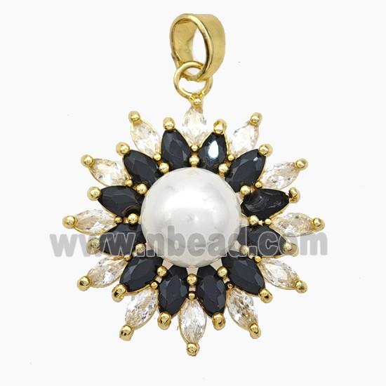 Copper Flower Pendant Pave Zirconia White Pearlized Resin Gold Plated