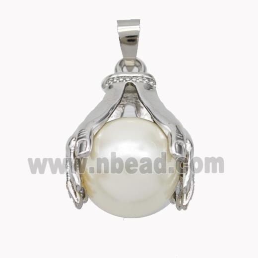 Copper Hand Pendant Pave Pearlized Resin Ball Platinum Plated