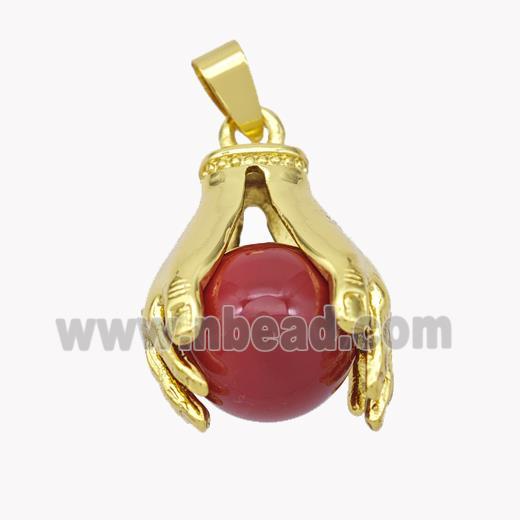 Copper Hand Pendant Pave Pearlized Resin Ball Red Gold Plated