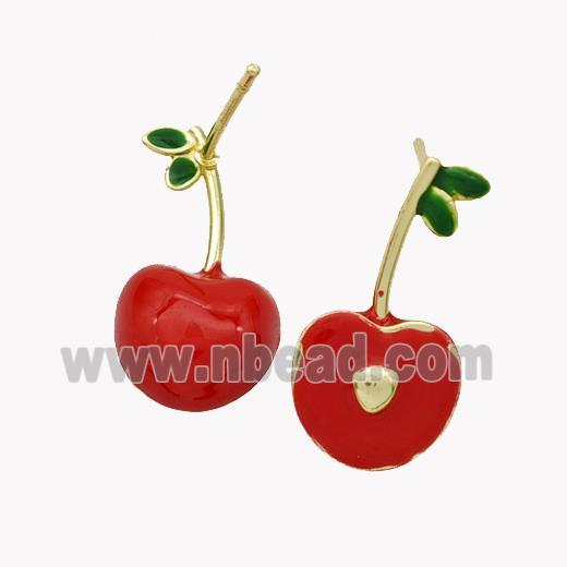 Copper Cherry Stud Earrings Red Enamel Gold Plated