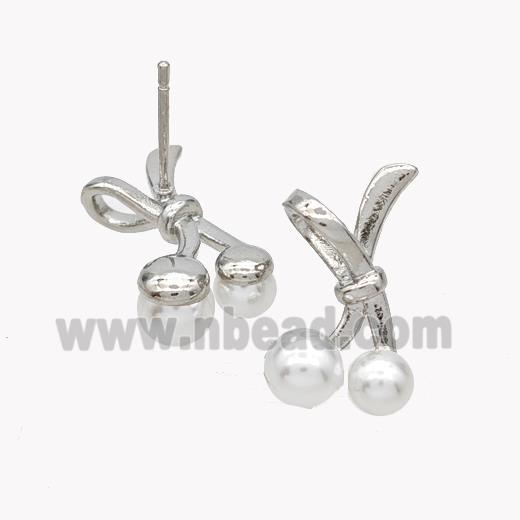 Copper Bowknot Stud Earrings Pave Pearlized Resin Platinum Plated