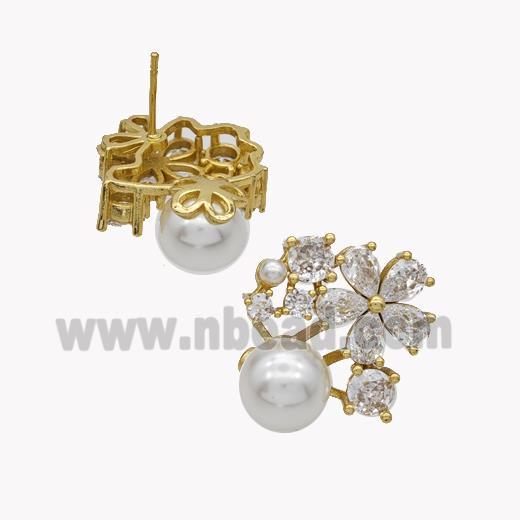 Copper Flower Stud Earrings Pave Pearlized Resin Zirconia Gold Plated