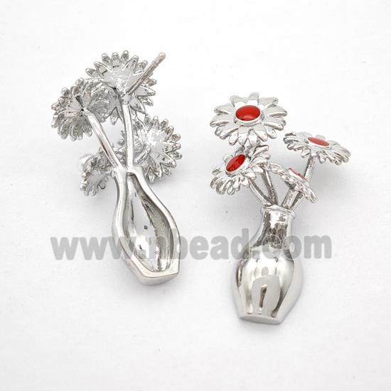 Copper Flower Stud Earrings Red Enamel Plant Platinum Plated