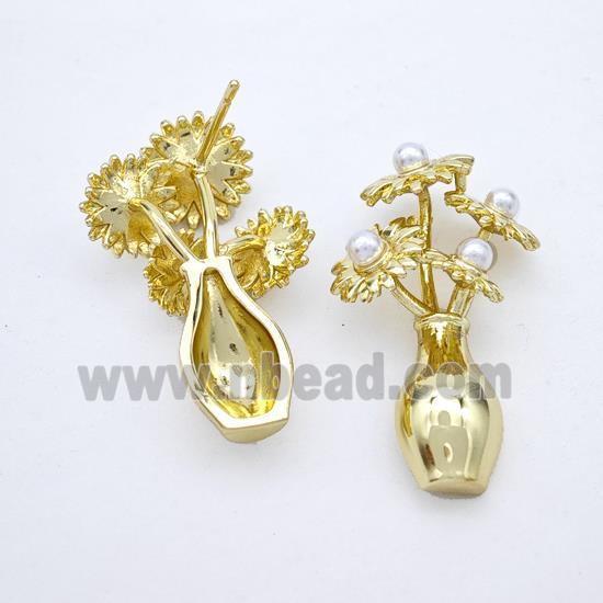 Copper Flower Stud Earrings Pave Pearlized Resin Plant Gold Plated