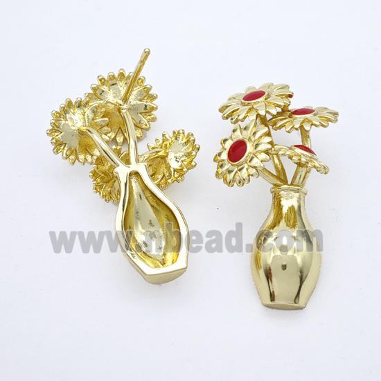 Copper Flower Stud Earrings Red Enamel Plant Gold Plated