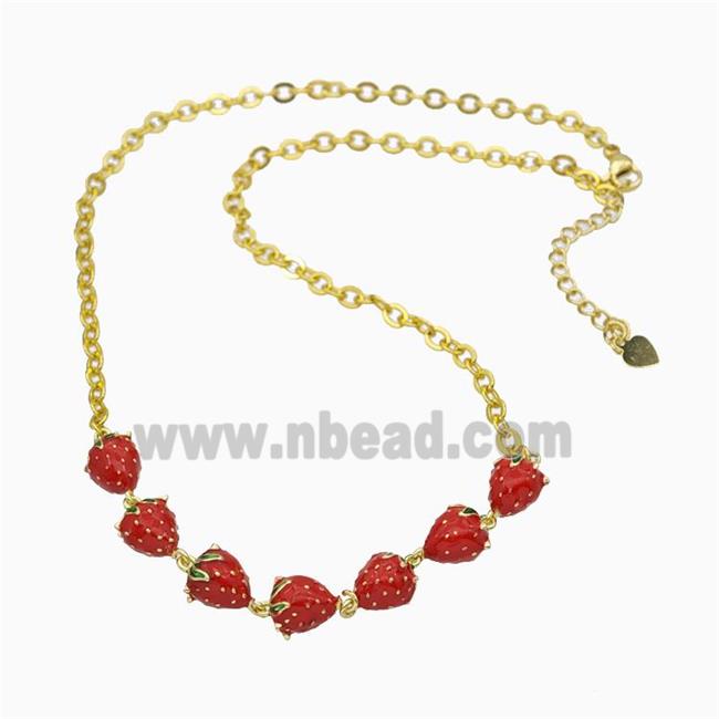 Copper Strawberry Necklace Red Enamel Gold Plated