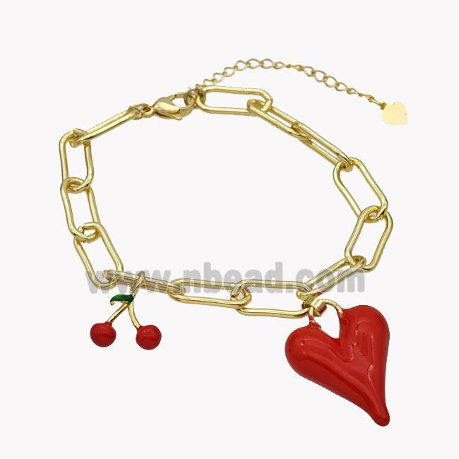 Copper Bracelet With Red Enamel Heart Cherry Gold Plated