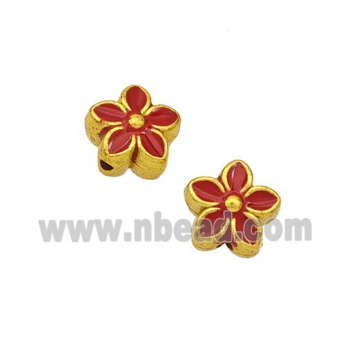 Copper Flower Beads Red Painted Gold Plated