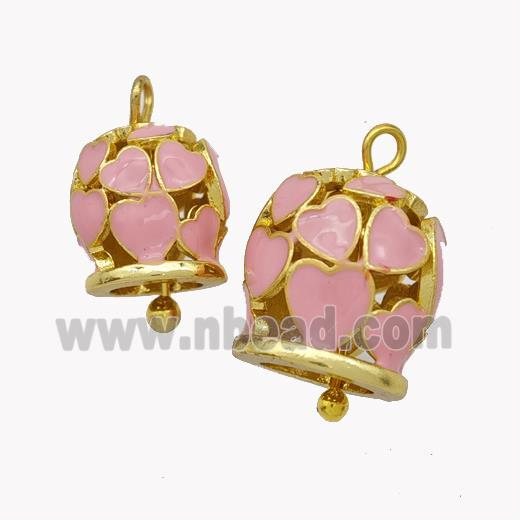 Copper Bell Pendant Pink Enamel Heart Gold Plated