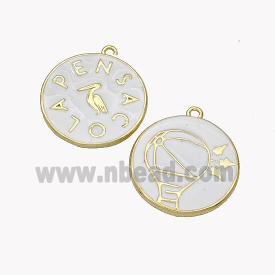 Copper Coin Pendant Crane Pensacola White Enamel Gold Plated