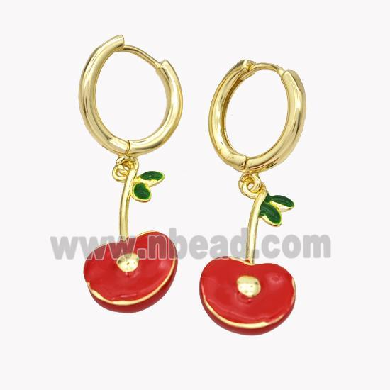 Copper Cherry Hoop Earrings Red Enamel Gold Plated