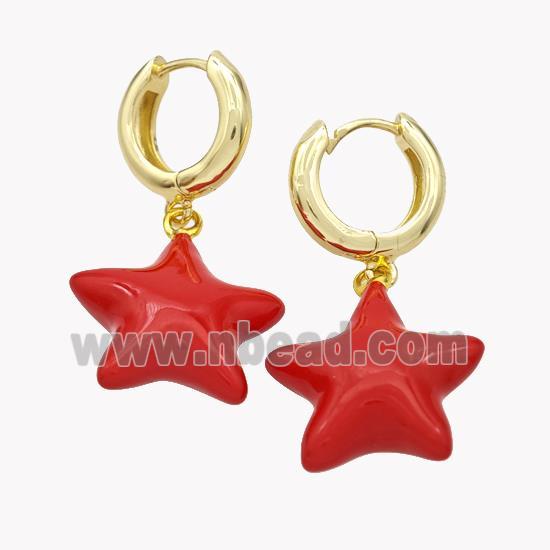 Copper Star Hoop Earrings Red Enamel Gold Plated