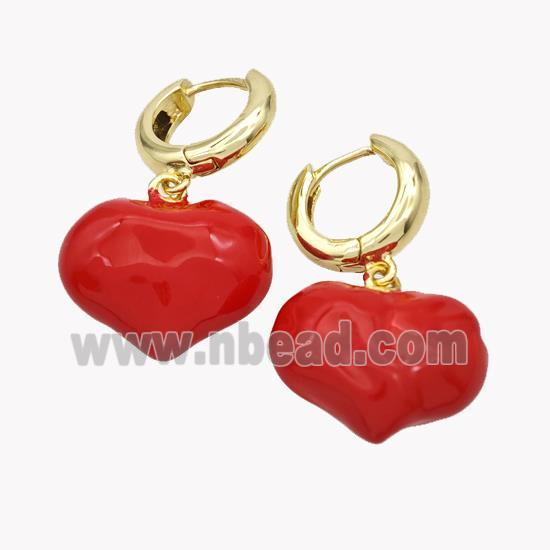 Copper Heart Hoop Earrings Red Enamel Gold Plated