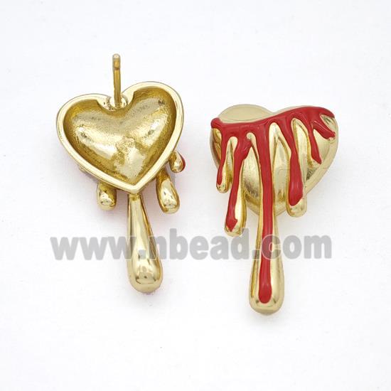 Copper Heart Stud Earrings Red Enamel Gold Plated