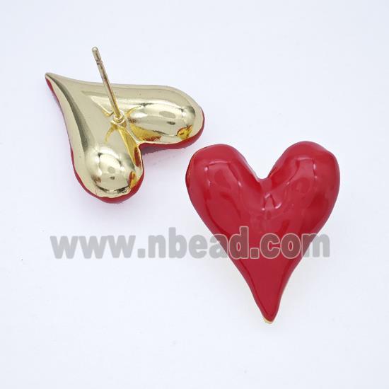 Copper Heart Stud Earrings Red Enamel Gold Plated