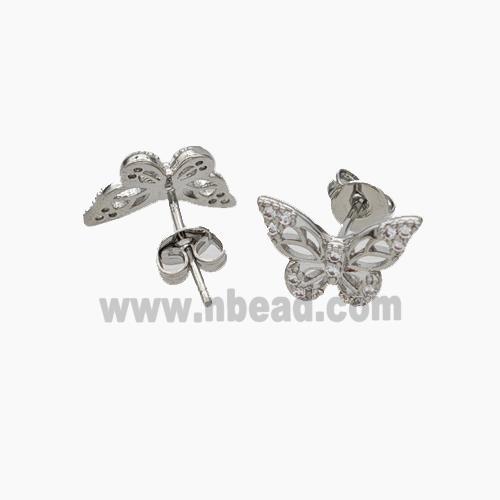 Copper Butterfly Stud Earrings Pave Zirconia Platinum Plated