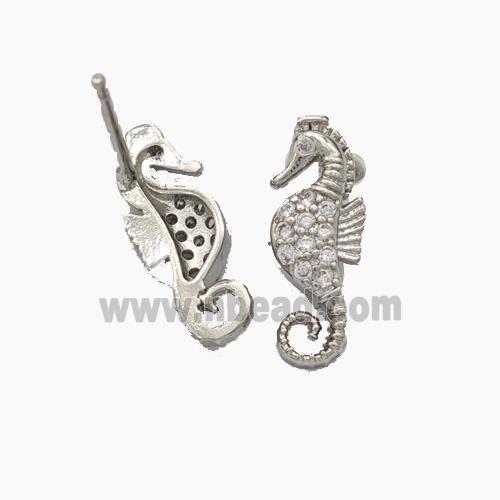 Copper Seahorse Stud Earrings Pave Zirconia Platinum Plated