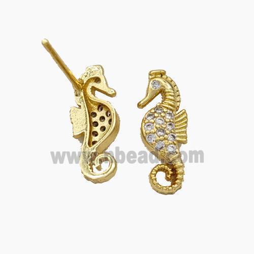 Copper Seahorse Stud Earrings Pave Zirconia Gold Plated