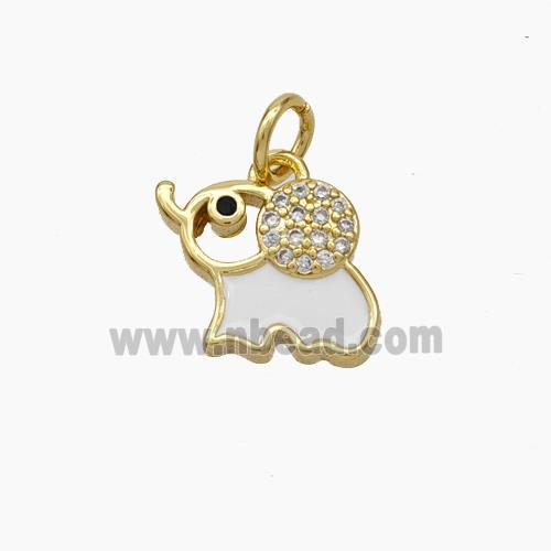 Copper Elephant Pendant Pave Zirconia White Enamel Gold Plated