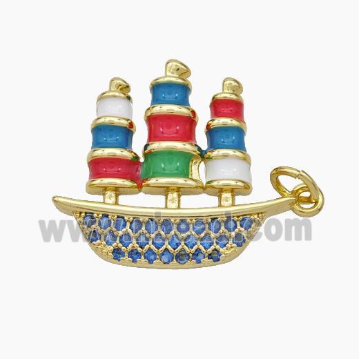 Ship Charms Copper Sailboat Pendant Pave Zirconia Multicolor Enamel Gold Plated