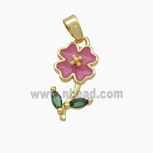 Copper Flower Pendant Pave Zirconia Pink Enamel Gold Plated