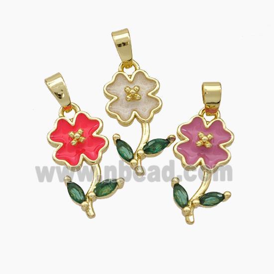 Copper Flower Pendant Pave Zirconia Enamel Gold Plated Mixed