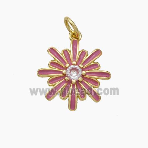 Copper Flower Pendant Pave Zirconia Pink Enamel Gold Plated