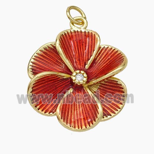 Copper Flower Pendant Red Painted Gold Plated