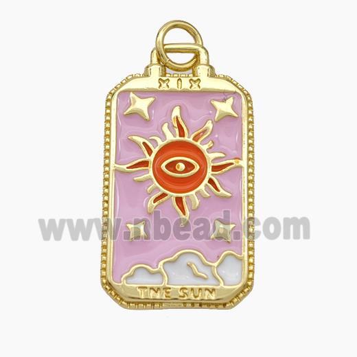 Copper Tarot Card Pendant Pink Enamel Sun Gold Plated