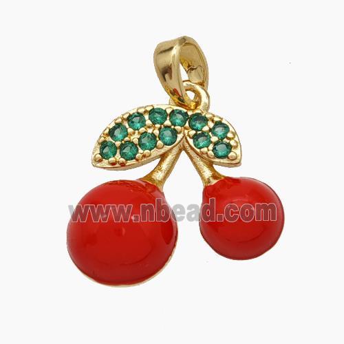 Copper Cherry Pendant Pave Zirconia Red Enamel Gold Plated