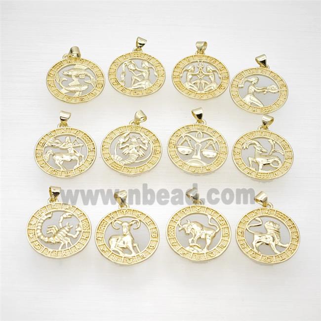 Copper Zodiac Pendant Circle Gold Plated Mixed