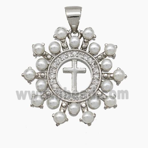 Copper Cross Pendant Pave Zirconia Pearlized Resin Platinum Plated