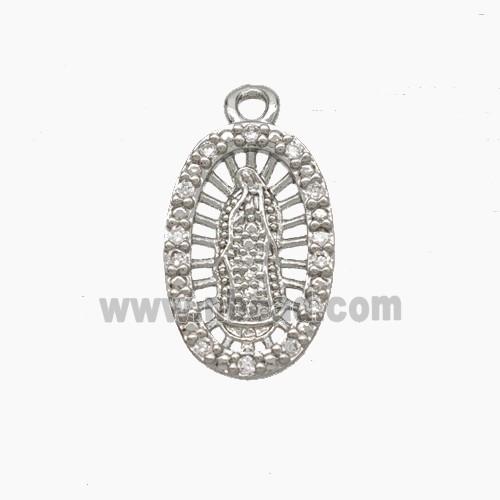 Virgin Mary Charms Copper Pendant Pave Zirconia Platinum Plated