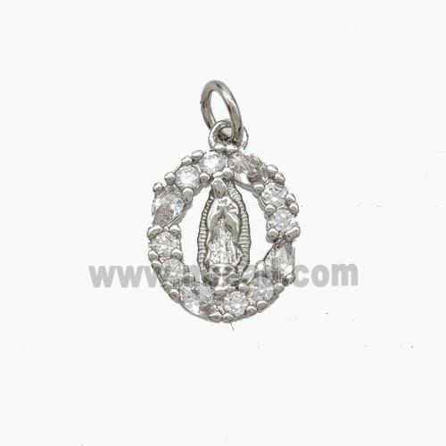 Virgin Mary Charms Copper Pendant Pave Zirconia Platinum Plated