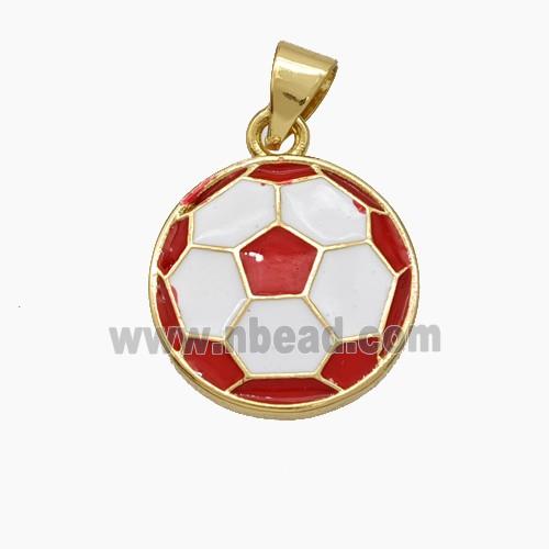 Copper Football Pendant White Red Enamel Sports Flat Gold Plated