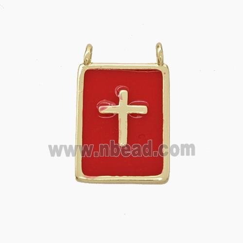 Copper Cross Rectangle Pendant Red Enamel Gold Plated