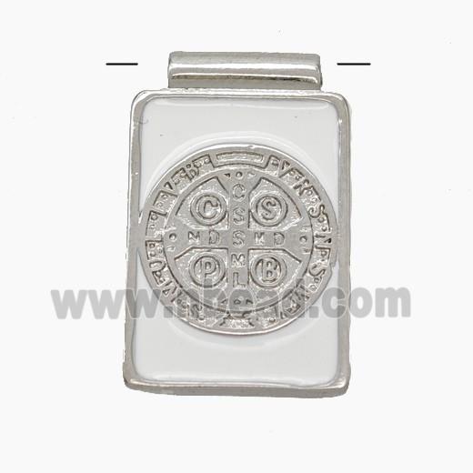 Copper Religious Medal Pendant CSPB Rectangle White Enamel Platinum Plated