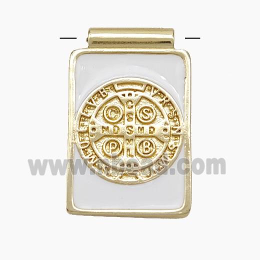 Copper Religious Medal Pendant CSPB Rectangle White Enamel Gold Plated