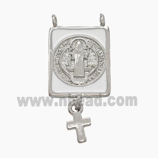 Copper Jesus Pendant White Enamel Rectangle Cross 2loops Platinum Plated