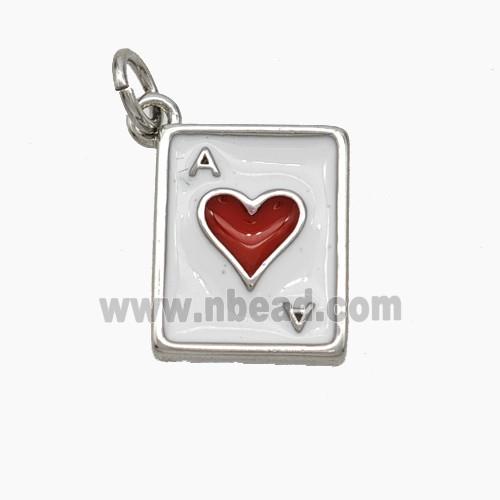 ACE of Heart Playing Card Copper Pendant White Red Enamel Platinum Plated