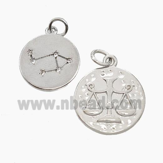 Copper Circle Pendant Pave Zirconia Zodiac Libra Platinum Plated