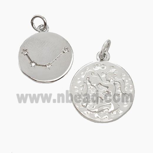 Copper Circle Pendant Pave Zirconia Zodiac Aquarius Platinum Plated