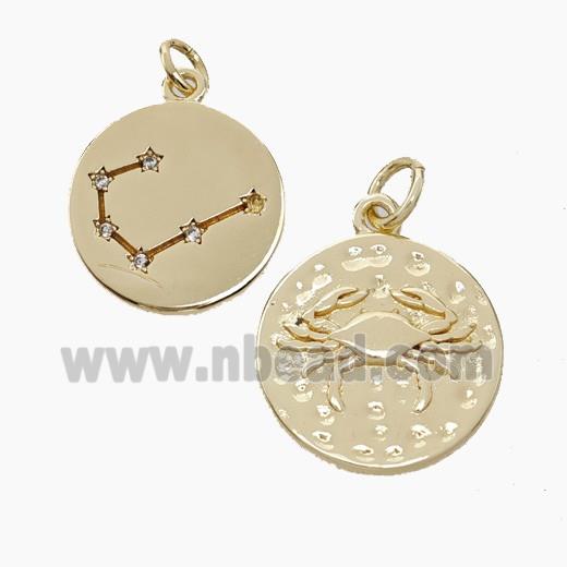 Copper Circle Pendant Pave Zirconia Zodiac Cancer Gold Plated